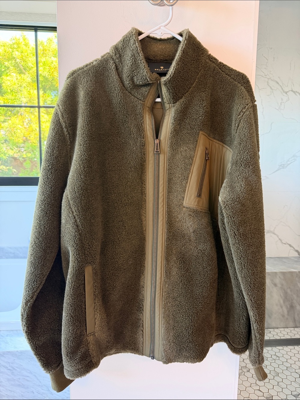 NWT Men’s Belstaff Olive Green Marbled Sherpa Zip-Up Jacket Size XL